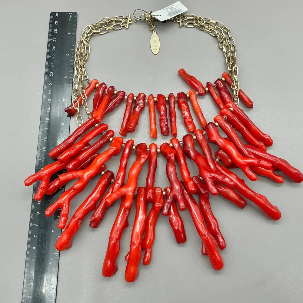 Chico's Necklace Red Faux Coral Style Branch Multi Strand Gold Tone Statement